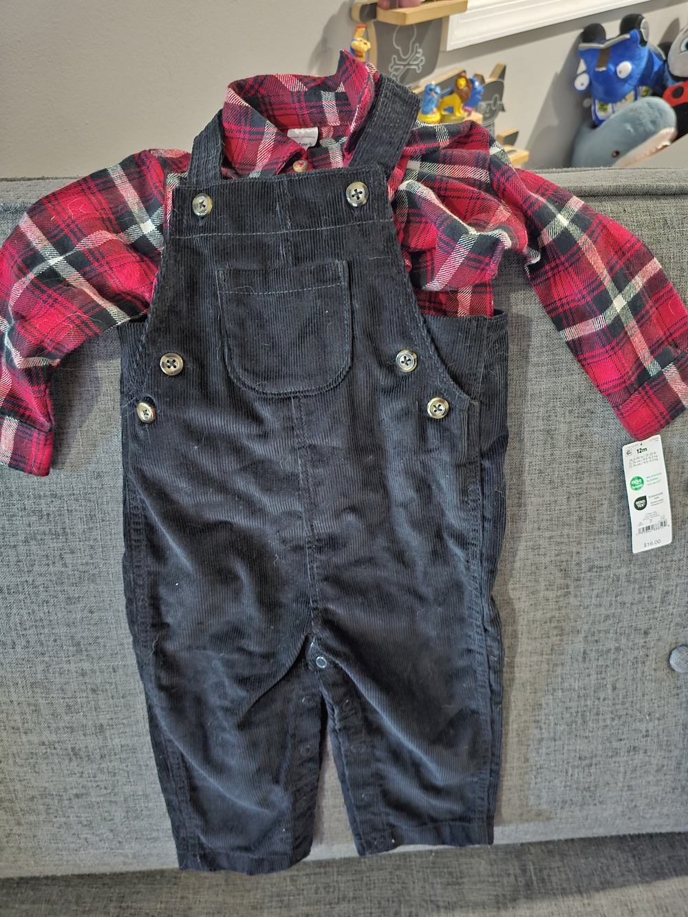 Carter"s Black Corduroy Overalls with Red Plaid Shirt